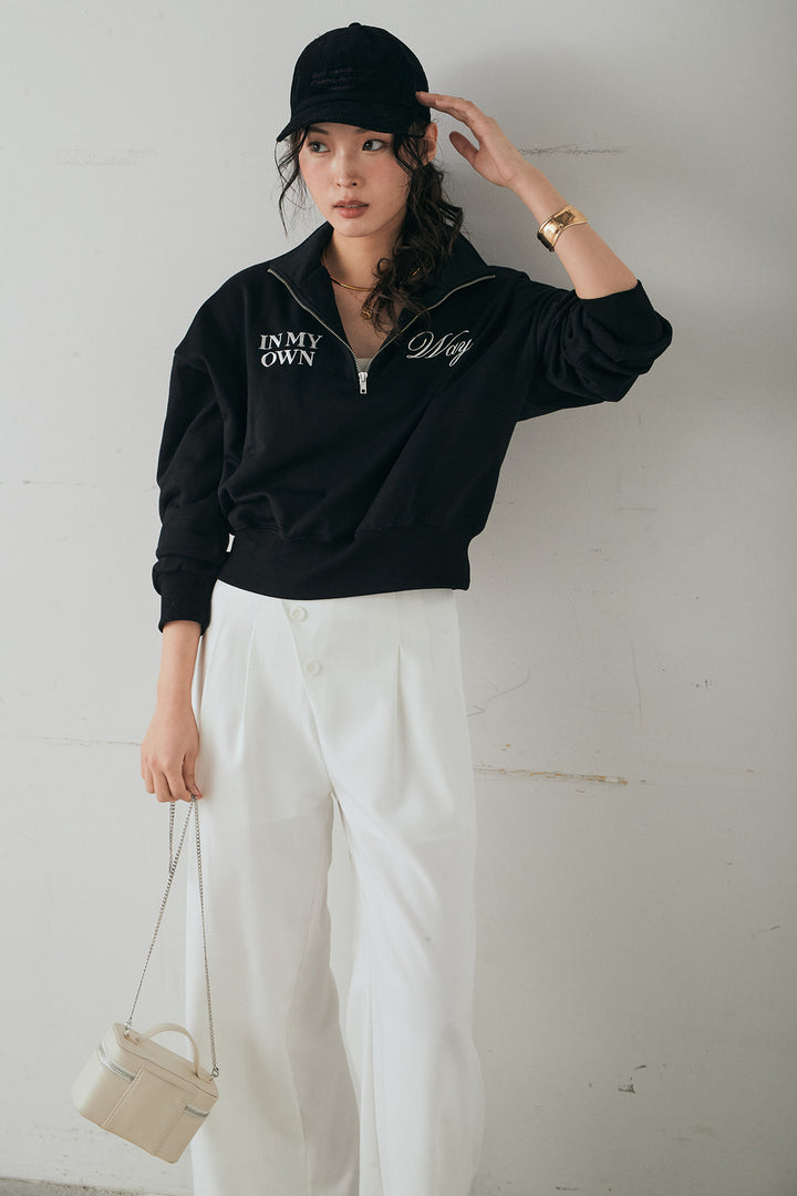 [SET]裏毛ロゴ刺繍ハーフZIPスウェット+斜めボタンタック入りスラックス(2set)