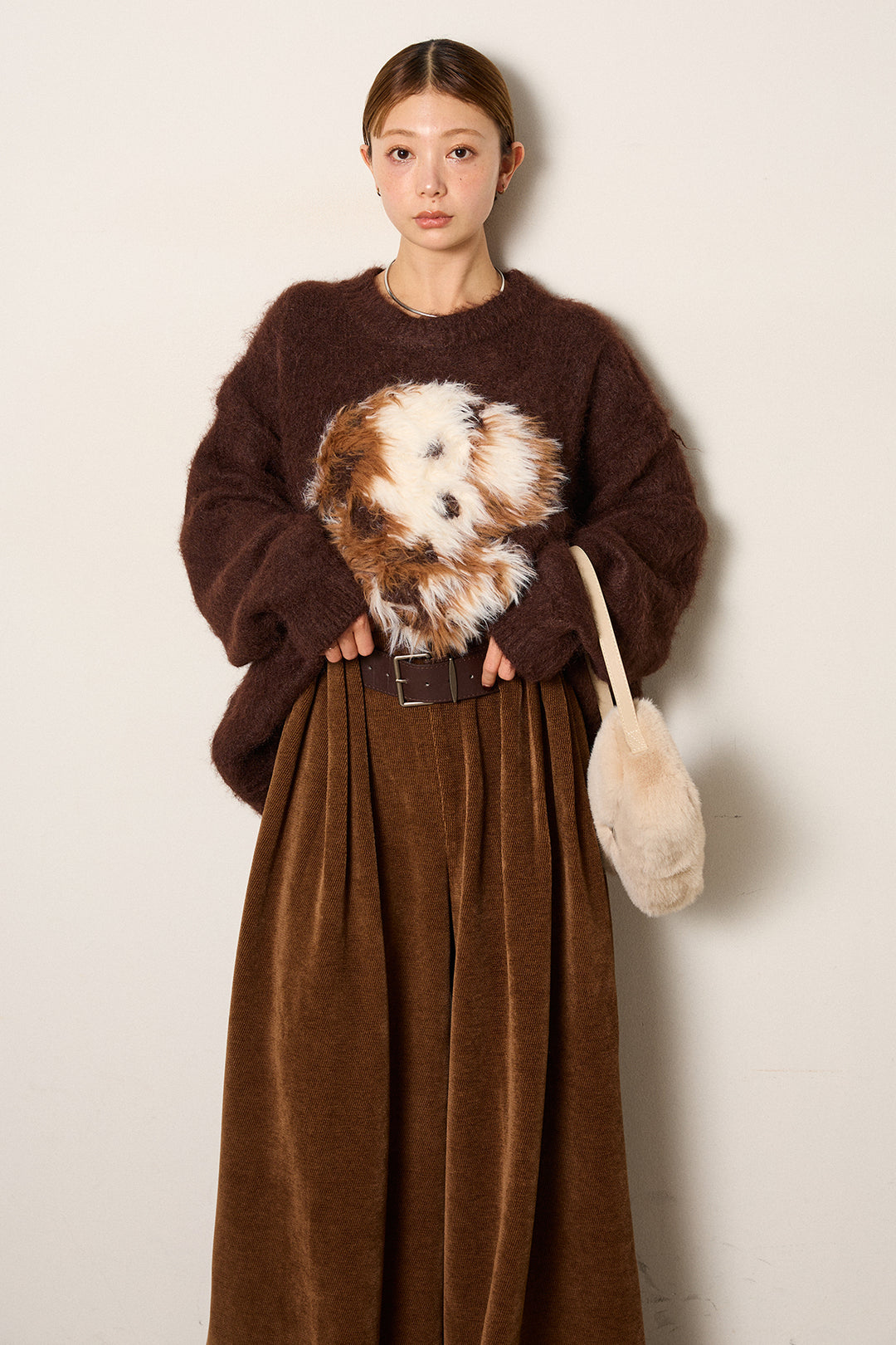 [SET]シャギーニュアンスアニマルニット+ベルトループコーデュロイワイドパンツ(2set)