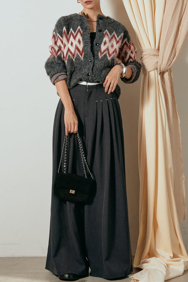 [SET]起毛ノルディック柄ニットカーディガン+ウエストステッチデザインワイドスラックス(2set)