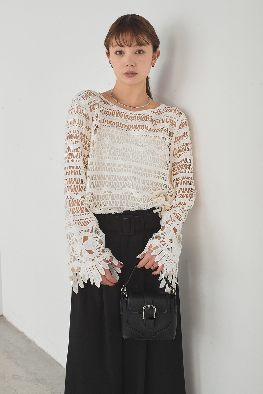 [SET]裾デザインメッシュプルオーバー+ベルト付きツータックワイドパンツ(2set)