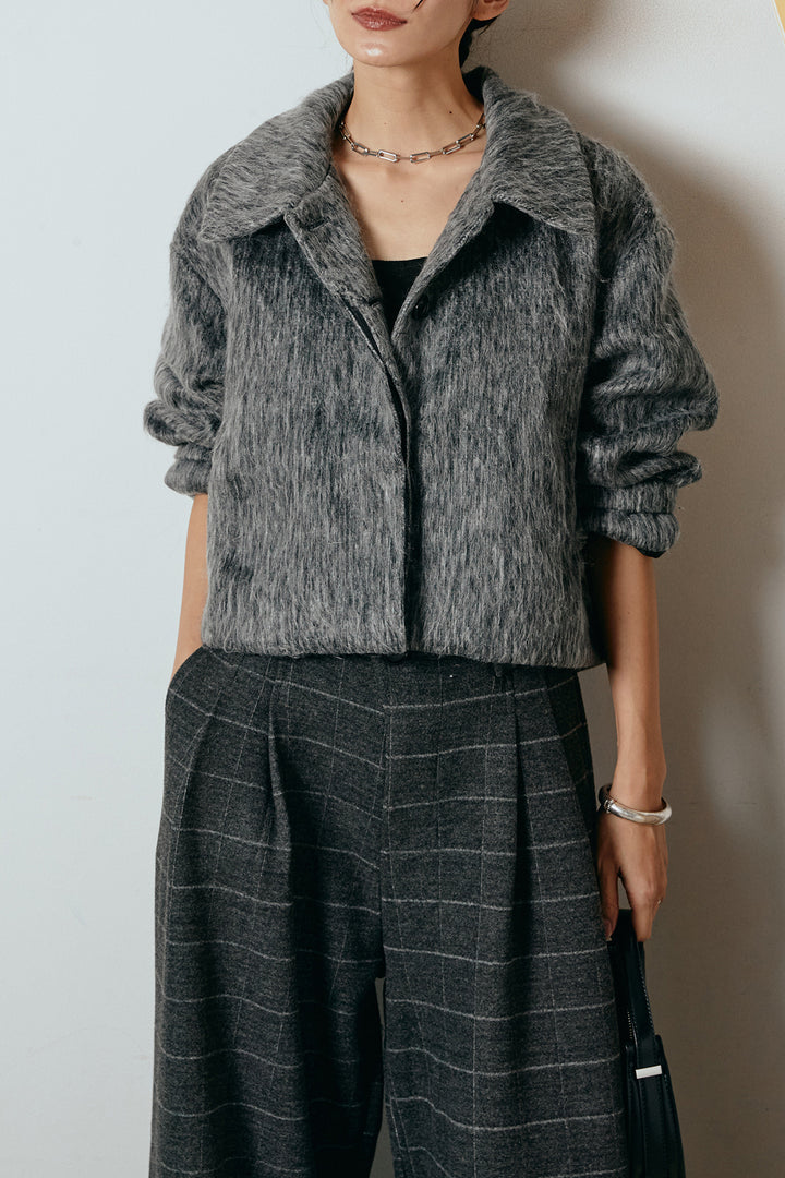 [SET]シャギーショートジャケット+スクエアチェック柄ワイドパンツ(2set)