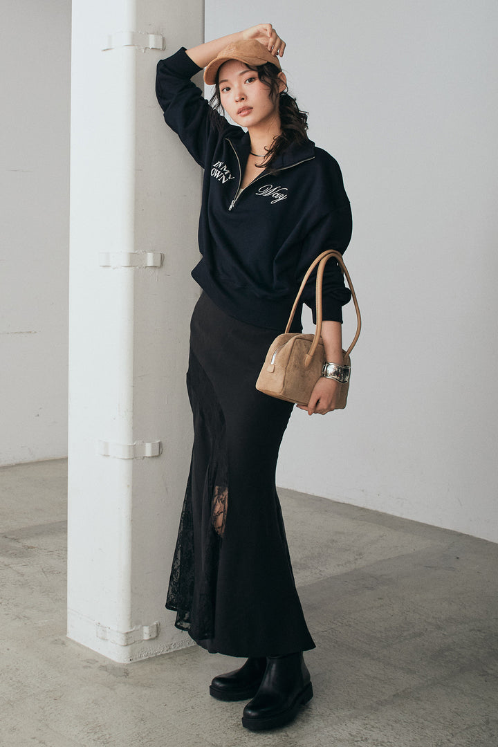 [SET]裏毛ロゴ刺繍ハーフZIPスウェット+刺繍レースデザインサテンスカート(2set)