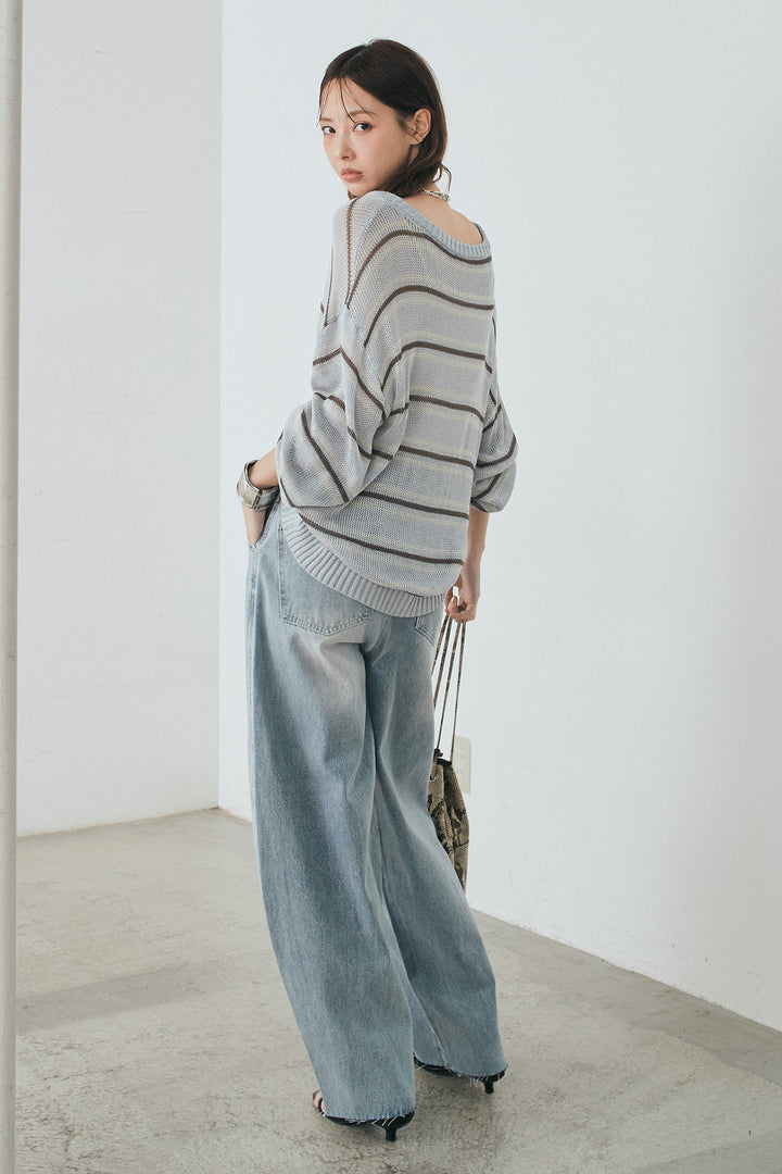 [SET]綿タッチVネックボーダートップス+デニムヨークパンツ(2set)