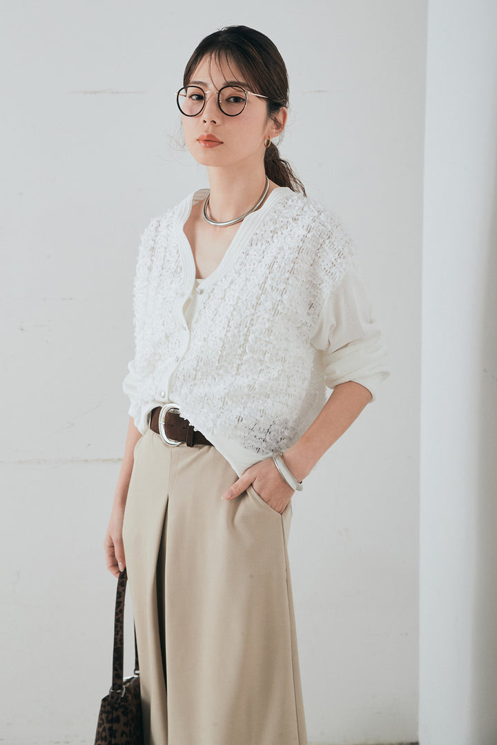 [SET]モコレースVネックカーディガン+太ベルト付きフロントタックパンツ(2set)