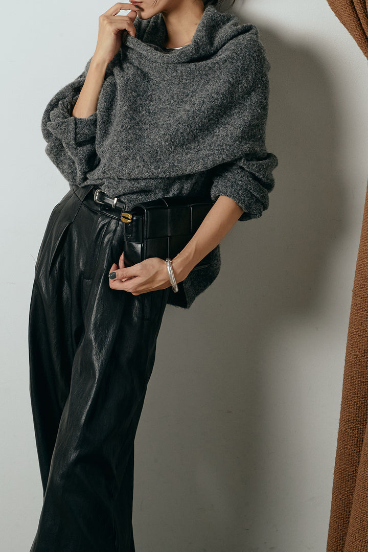 [SET]ネック巻きデザインニットトップス+ベルト付きレザーライクタックパンツ(2set)