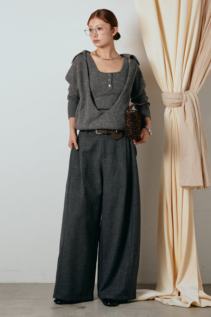 [SET]襟付きレイヤードニットトップス+ポーチベルト付きカーブパンツ(2set)