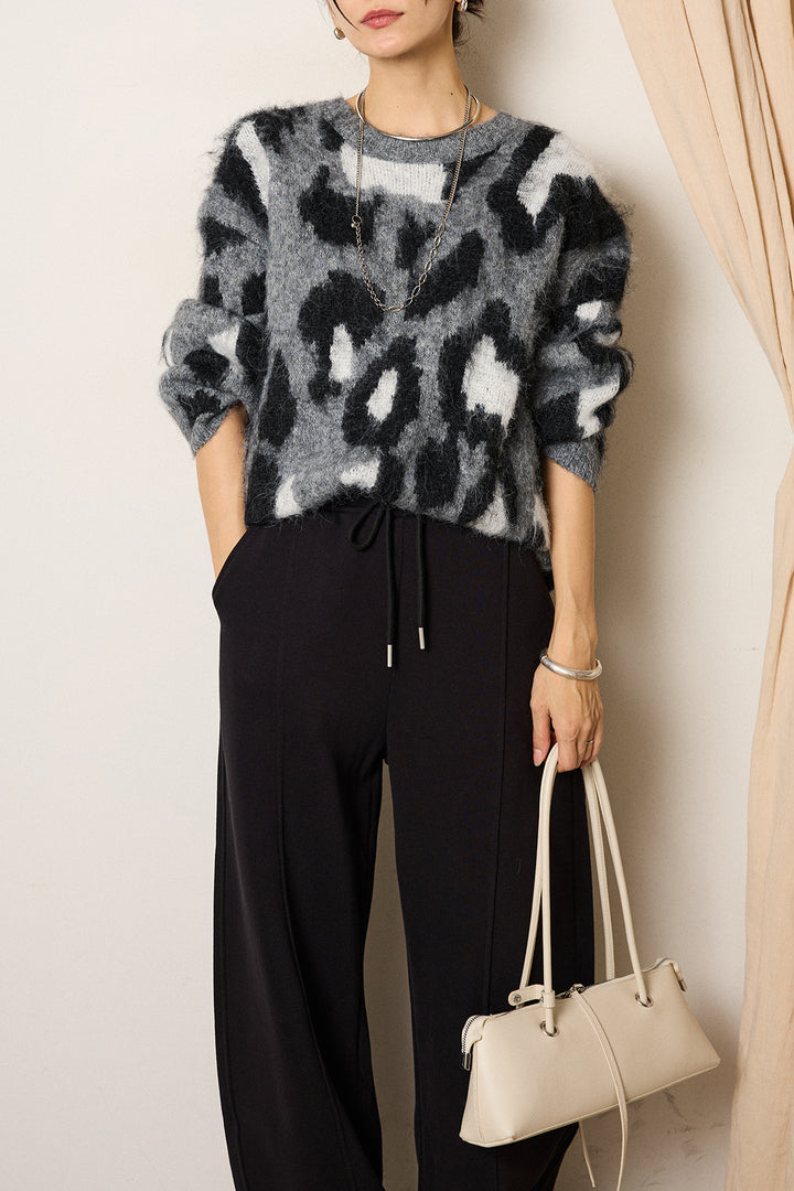 [SET]ルーズアニマルモヘアニットトップス+スウェットワイドカーブパンツ(2set)