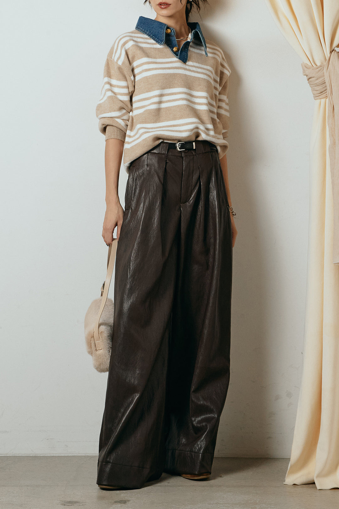 [SET]デニムレイヤード風ランダムボーダーニットプルオーバー+ベルト付きレザーライクタックパンツ(2set)