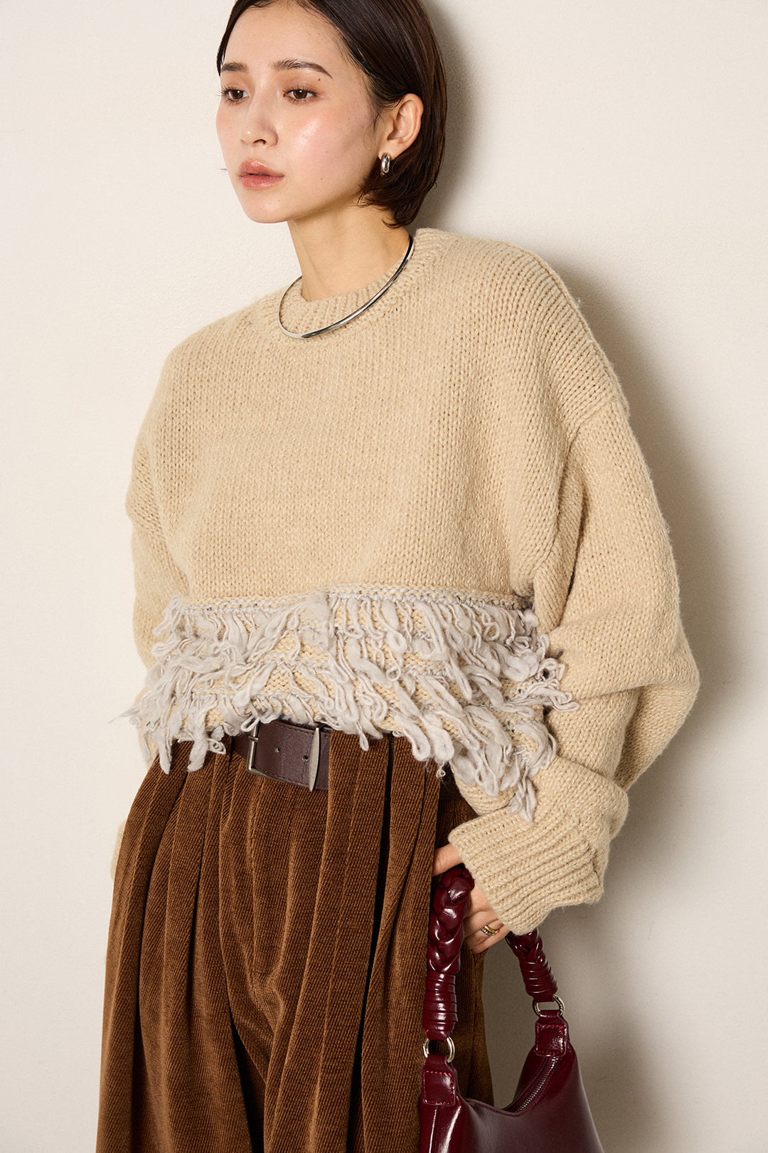 [SET]ループ編み切り替えニットプルオーバー+ベルトループコーデュロイワイドパンツ(2set)