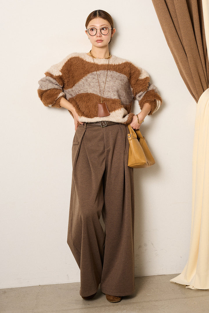 [SET]シャギーウェーブ柄クルーネックニットトップス+細ベルト付き起毛タックワイドパンツ(2set)