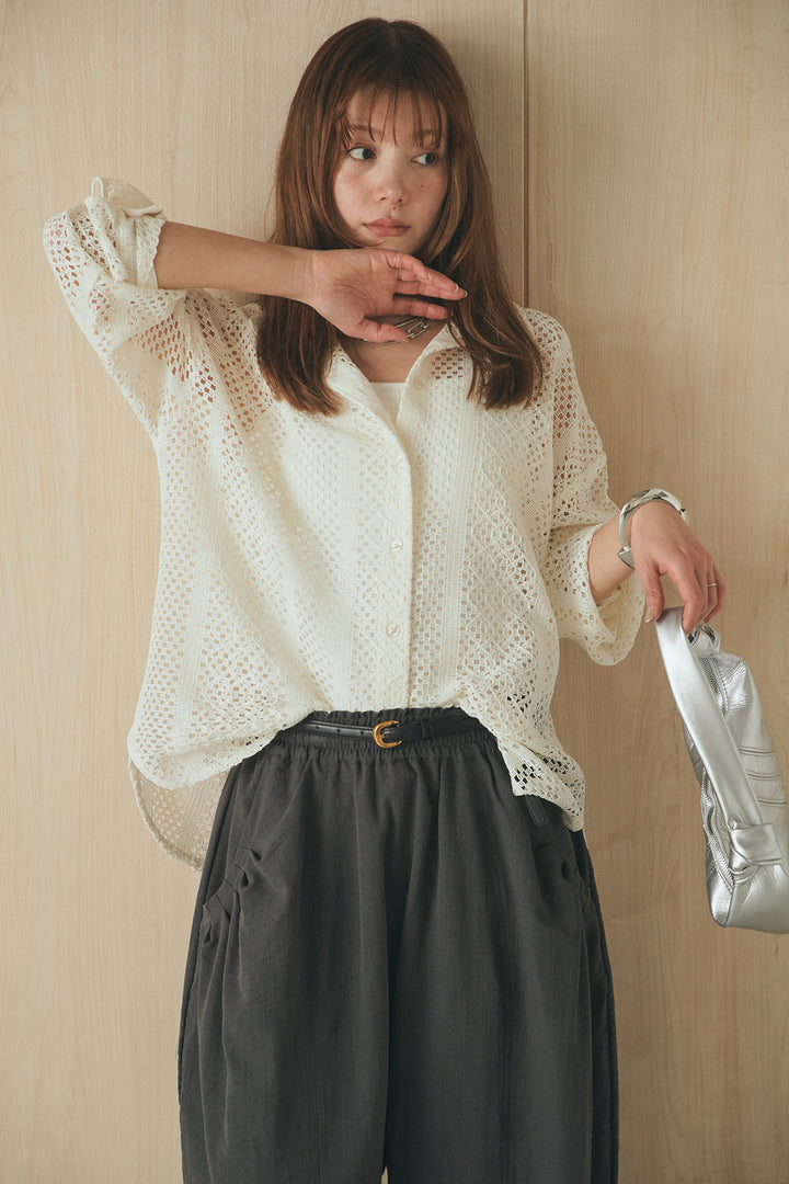[SET]長袖襟付きレースシャツ+ポケットタックフォルムパンツ(2set)