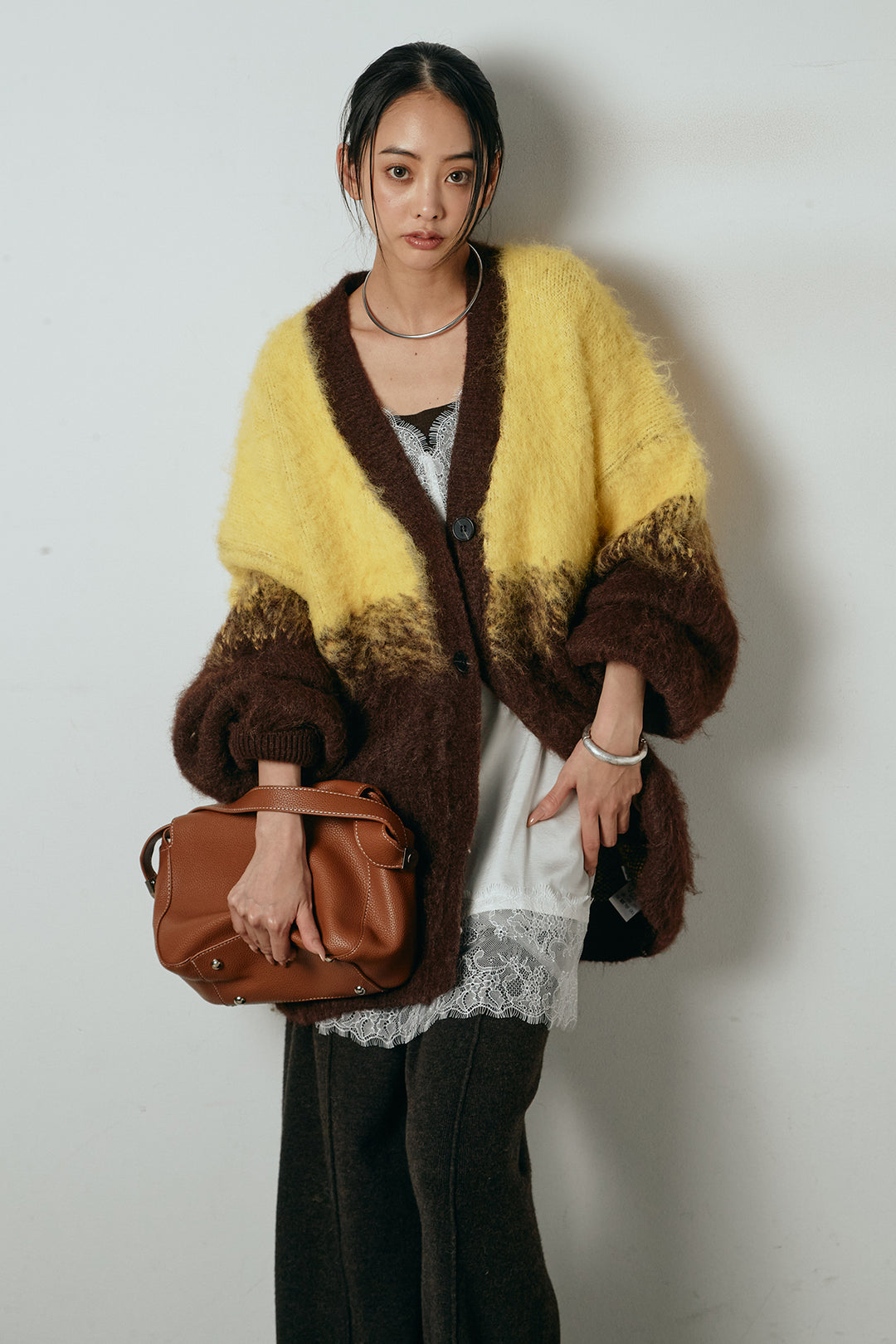 [SET]起毛グラデーションニットカーディガン+レース切り替えキャミソール+センターラインニットパンツ(3set)