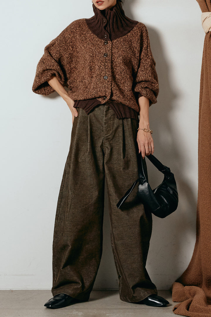 [SET]ハイネックミックスニットカーディガン+フロントタック入りコーデュロイパンツ(2set)