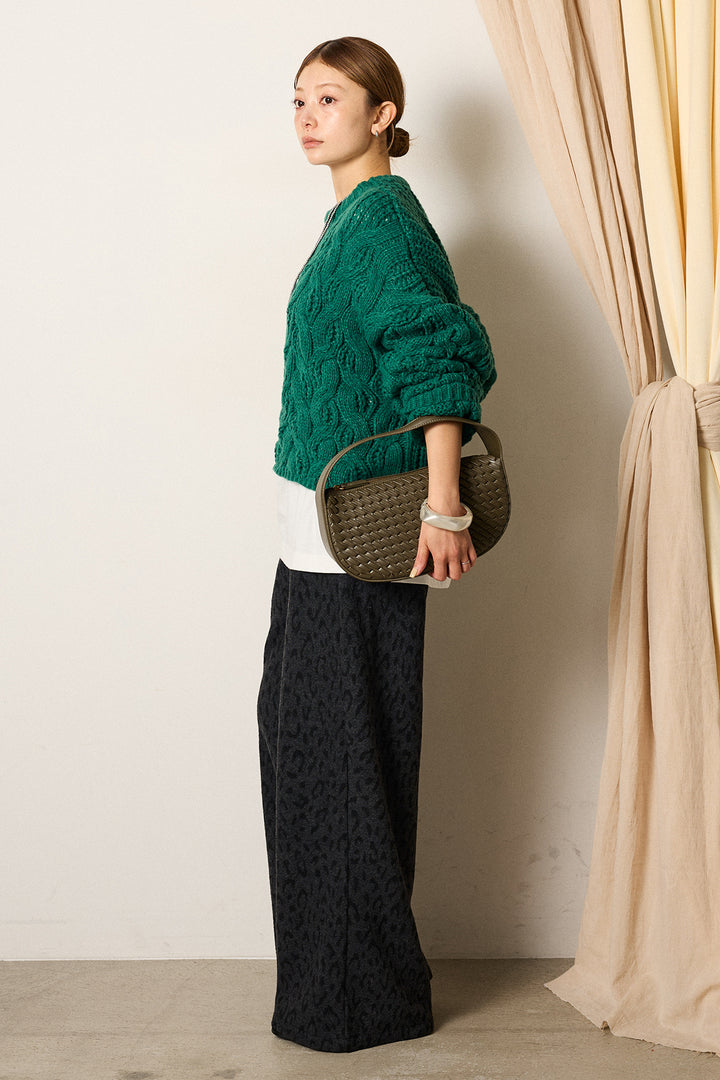 [SET]ケーブルリラックスショートニット+箔プリントBIGシルエットロングスリーブTシャツ+レオパードジャガードニットパンツ(3set)