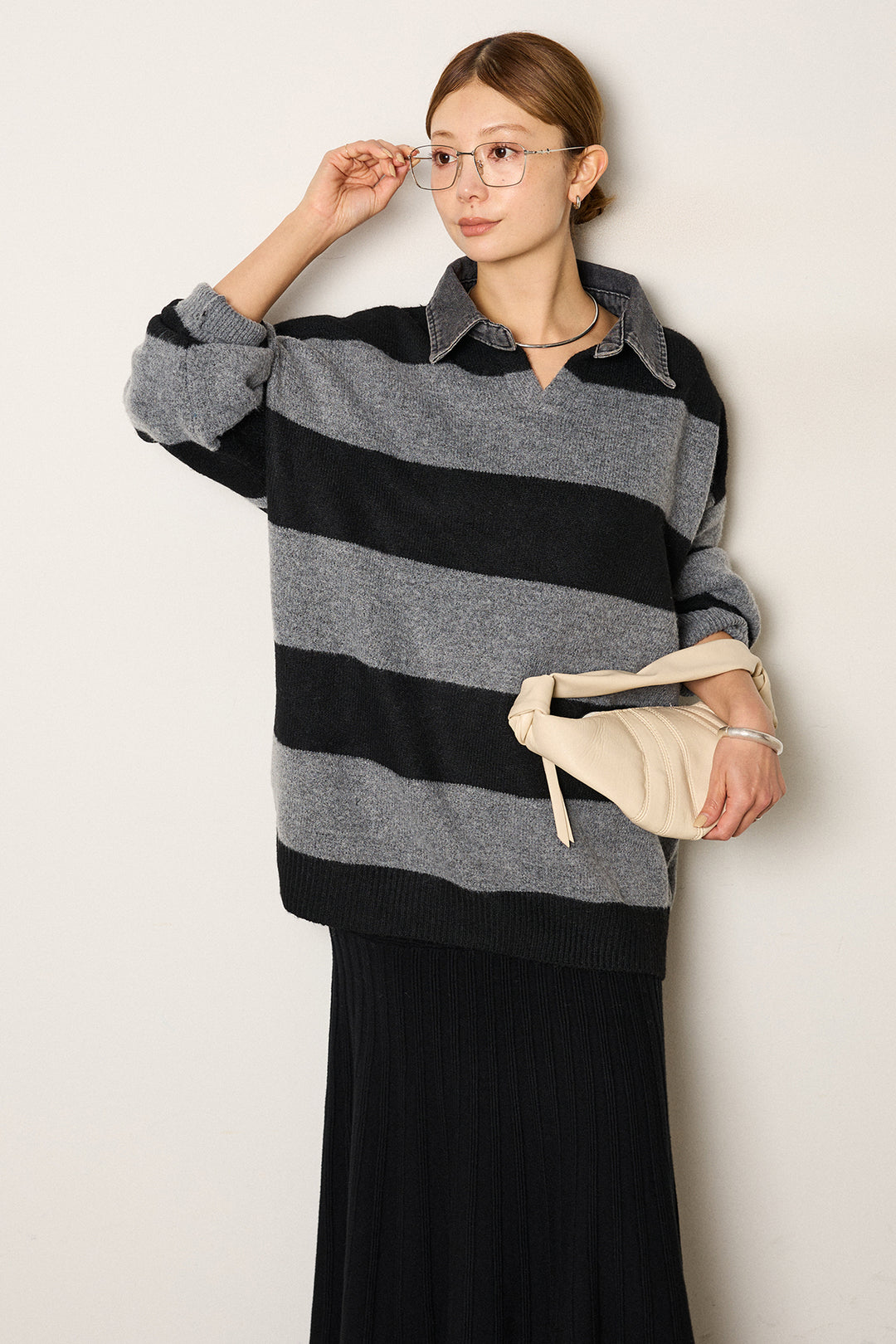 [SET]デニムカラーボーダールーズニット+編み地切り替えフレアニットスカート(2set)