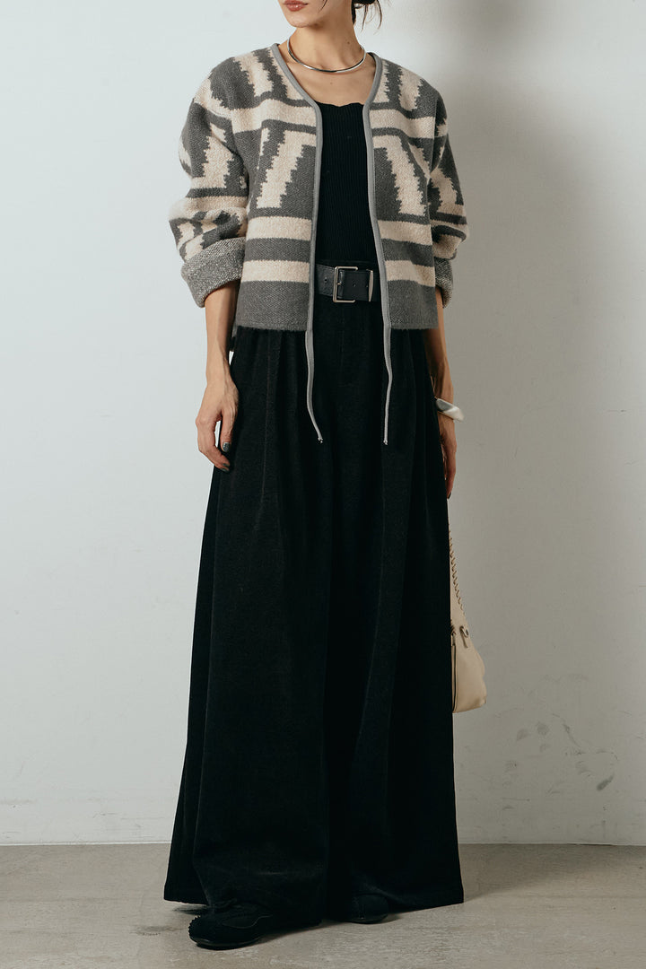 [SET]ノーカラー幾何学模様アウター+ベルトループコーデュロイワイドパンツ(2set)