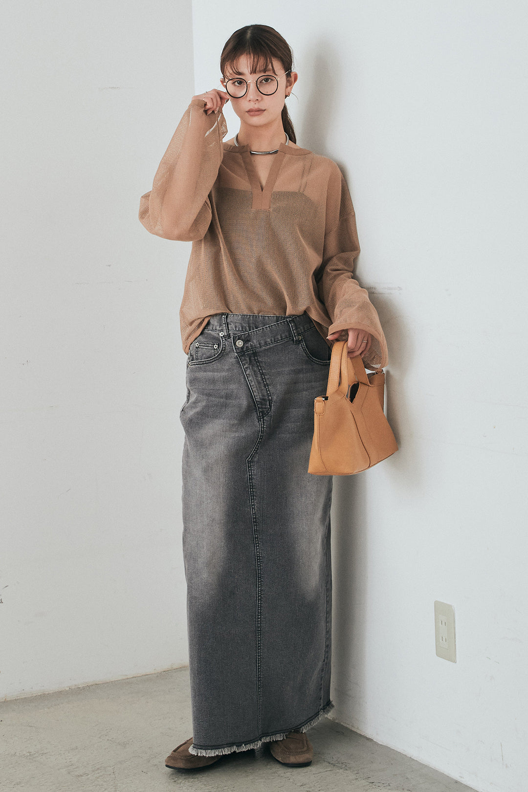 [SET]メッシュカットソースキッパープルオーバー+ウエストクロスデニムタイトスカート(2set)