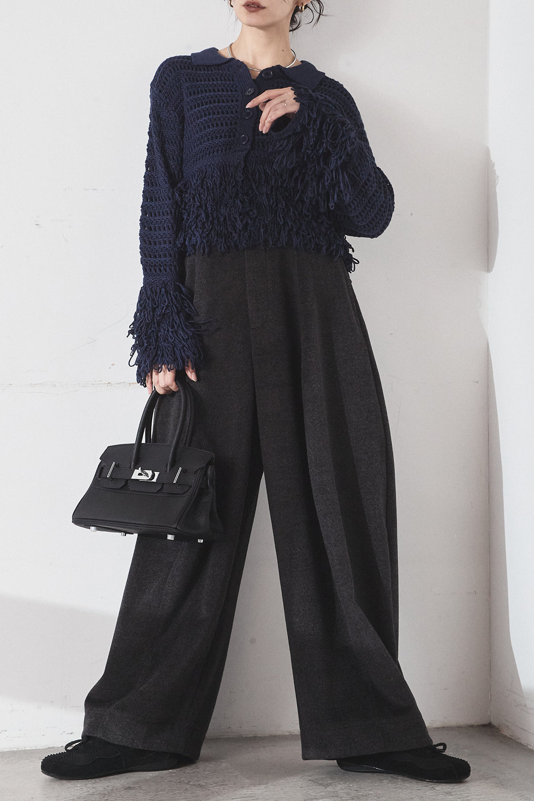 [SET]メッシュフリンジカーディガン+ウールタッチカーブワイドパンツ(2set)