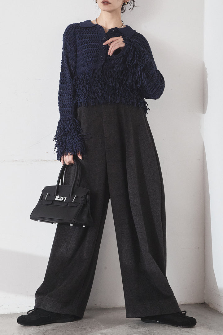 [SET]メッシュフリンジカーディガン+ウールタッチカーブワイドパンツ(2set)