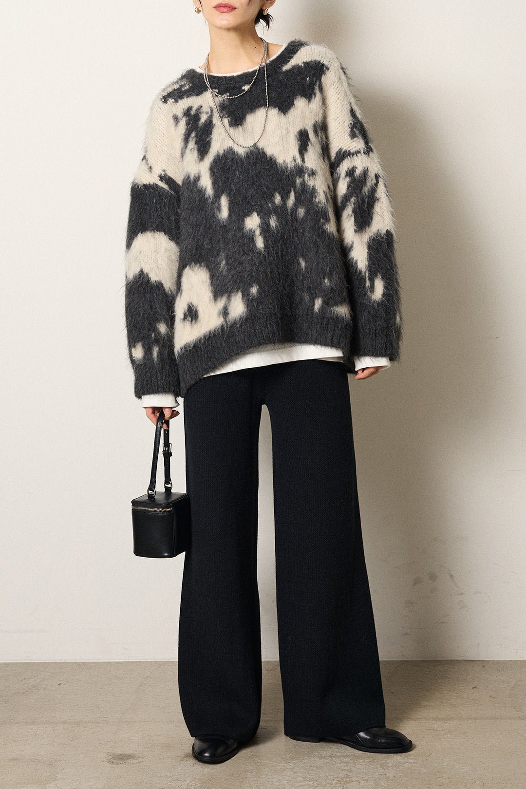 [SET]モヘアタッチマーブルニット+ワイドリブニットイージーパンツ(2set)