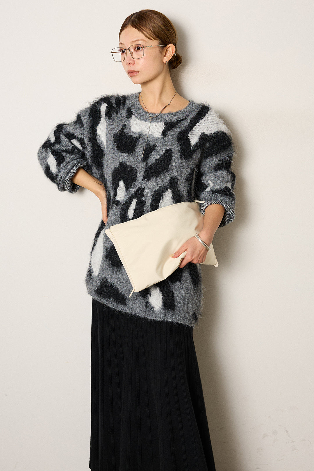 [SET]ルーズアニマルモヘアニットトップス+編み地切り替えフレアニットスカート(2set)