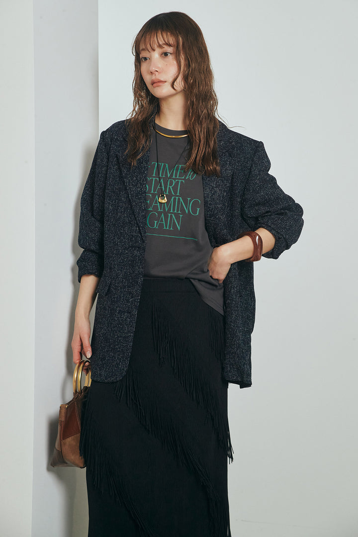[SET]ミックスツイードベルト付きジャケット+斜めフリンジデザインスカート(2set)