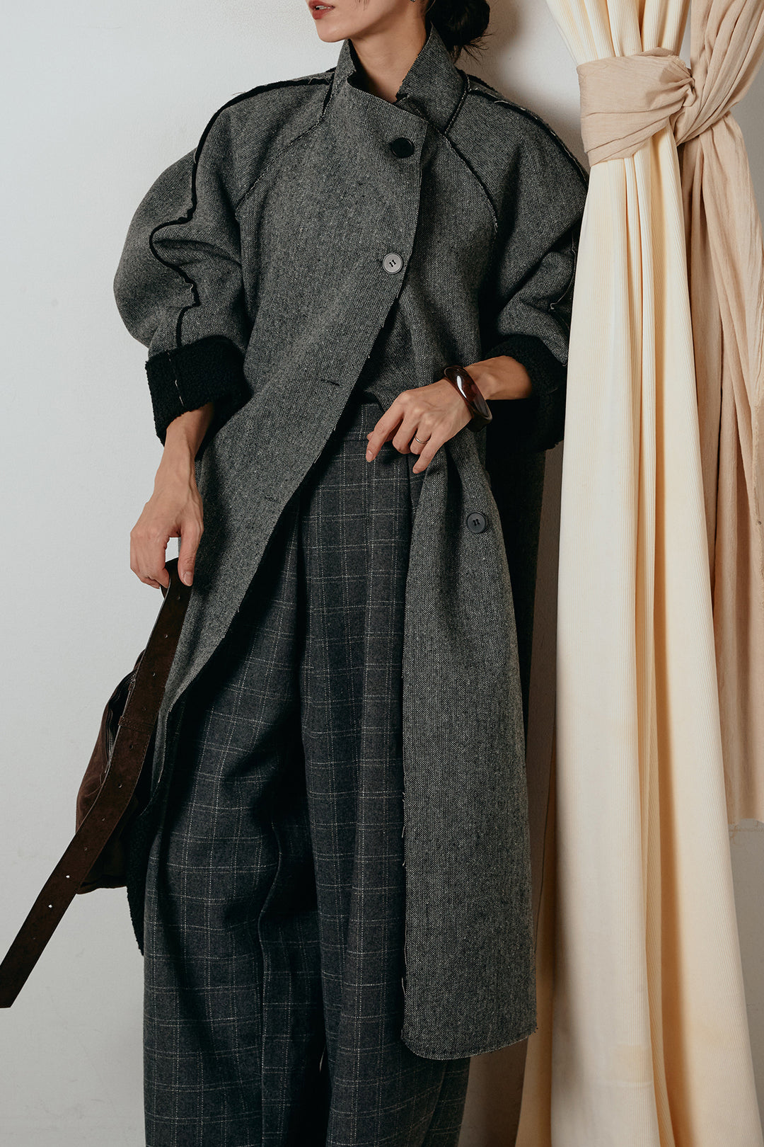 [SET]裏地ボアハイネックロングアウター+ウールライクチェックタックパンツ(2set)