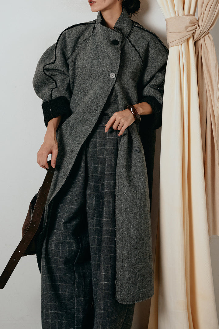 [SET]裏地ボアハイネックロングアウター+ウールライクチェックタックパンツ(2set)