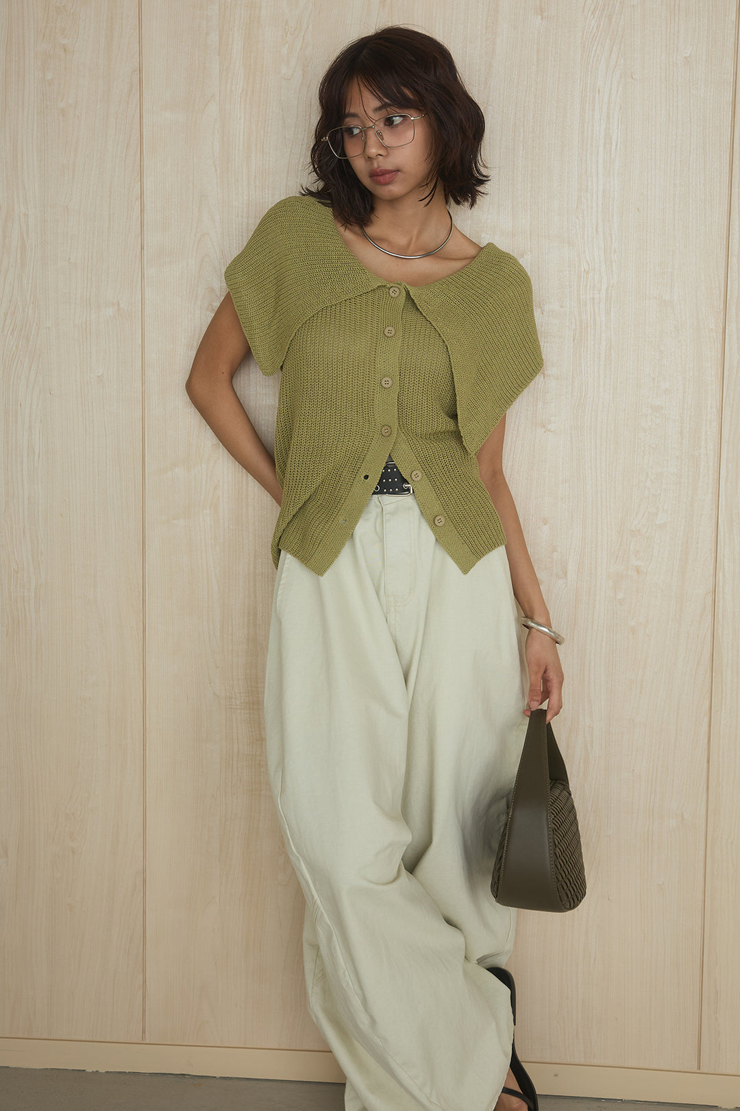 [SET]ビッグカラーボタンニットトップス+ベルト付きカラーデニムパンツ(2set)