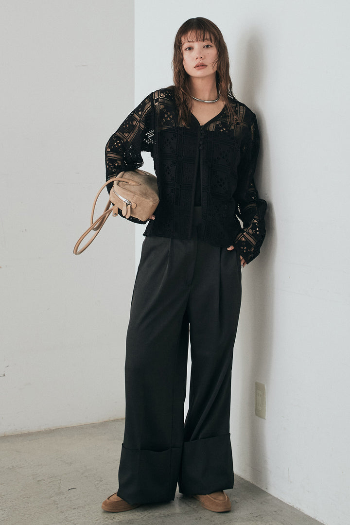 [SET]クロシェレースカーディガン+センタープレスセミワイドパンツ(2set)