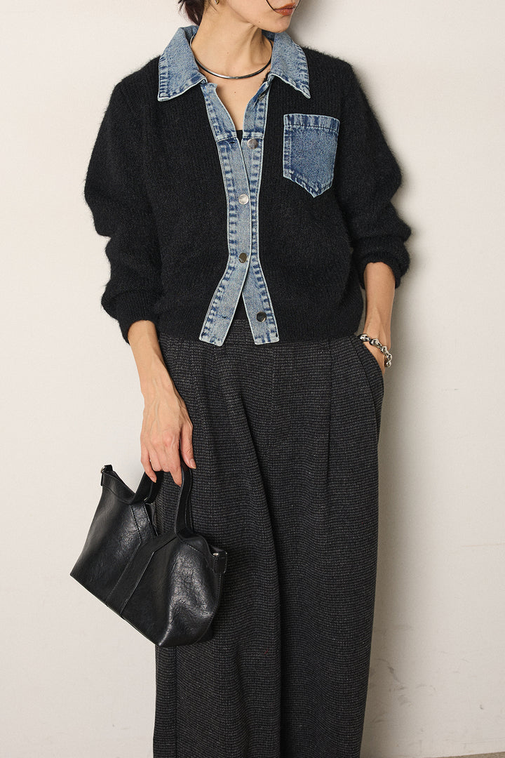 [SET]襟付きデニム切替ニットカーディガン+起毛タック入りツイードワイドパンツ(2set)