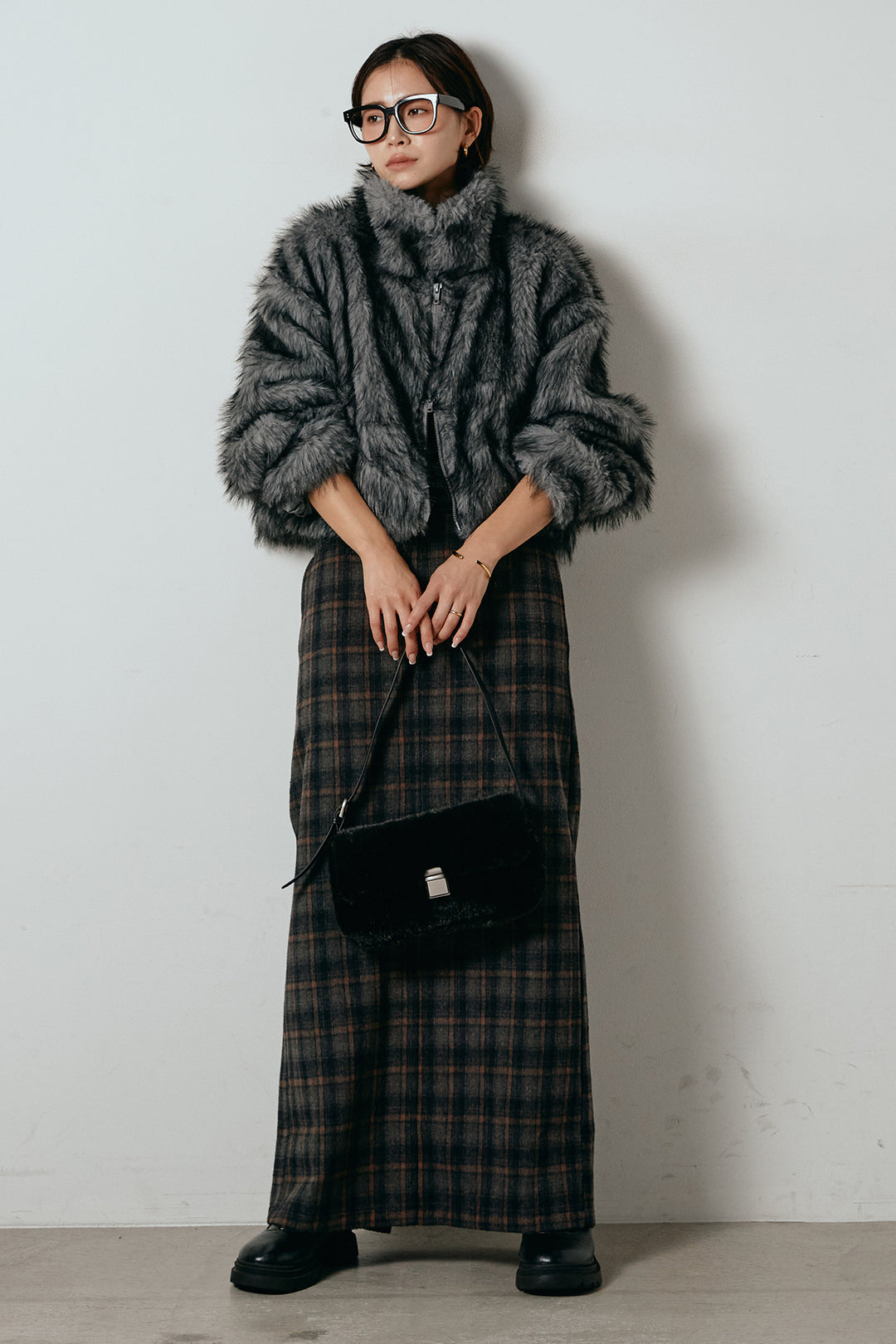 [SET]エコファーショート丈ブルゾン+シャギーチェックストレートスカート(2set)