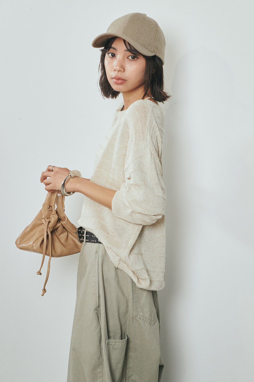 [SET]麻混リラックスニットトップス+ベルト付きカラーデニムパンツ(2set)