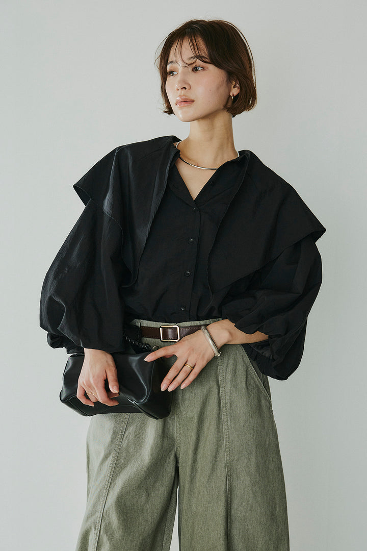 [SET]ケープカラーナイロンブラウス+サイドベルトカーブワイドパンツ(2set)