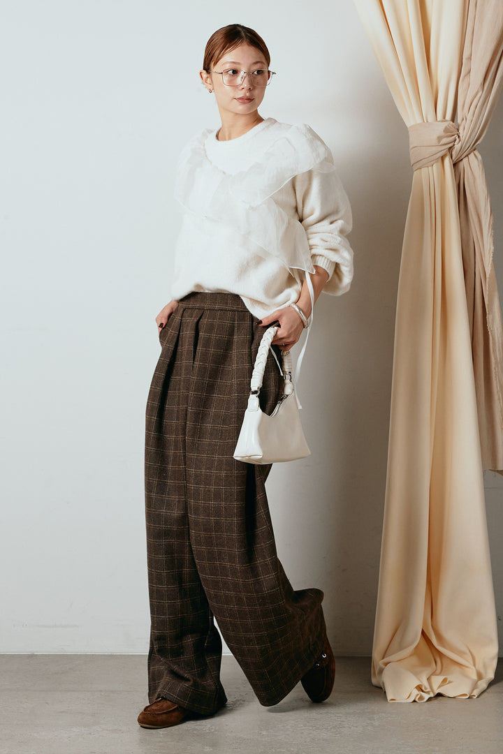 [SET]アシンメトリーフリルニットトップス+ウールライクチェックタックパンツ(2set)