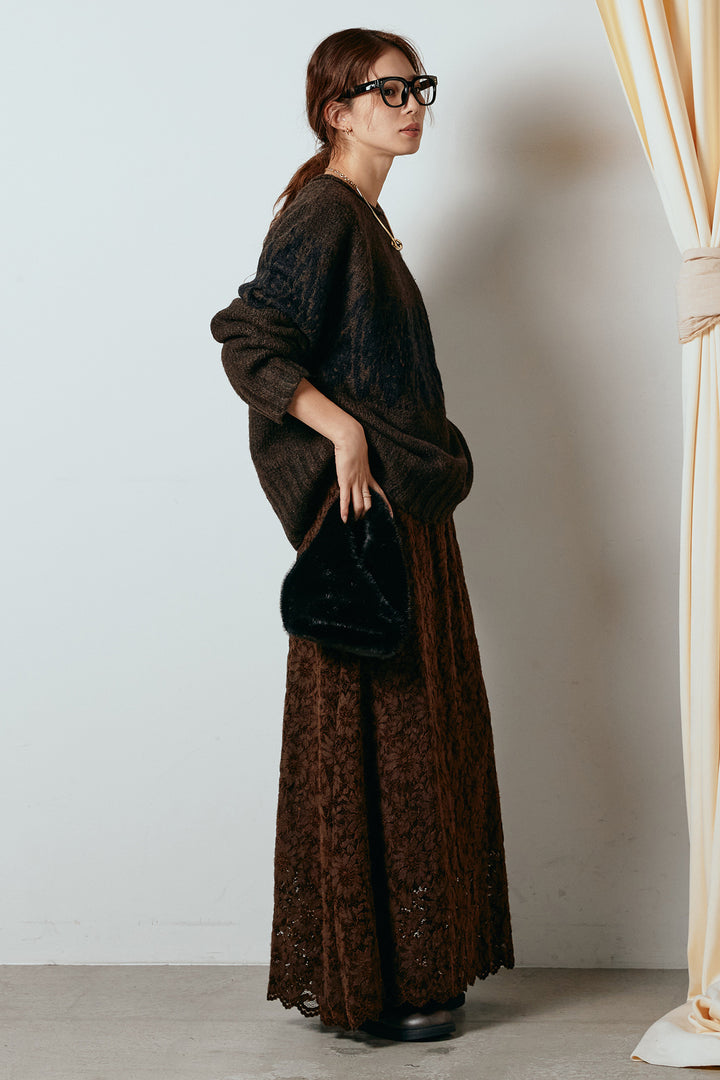 [SET]モノトーン柄ニットトップス+花柄刺繍ベロアフレアスカート(2set)