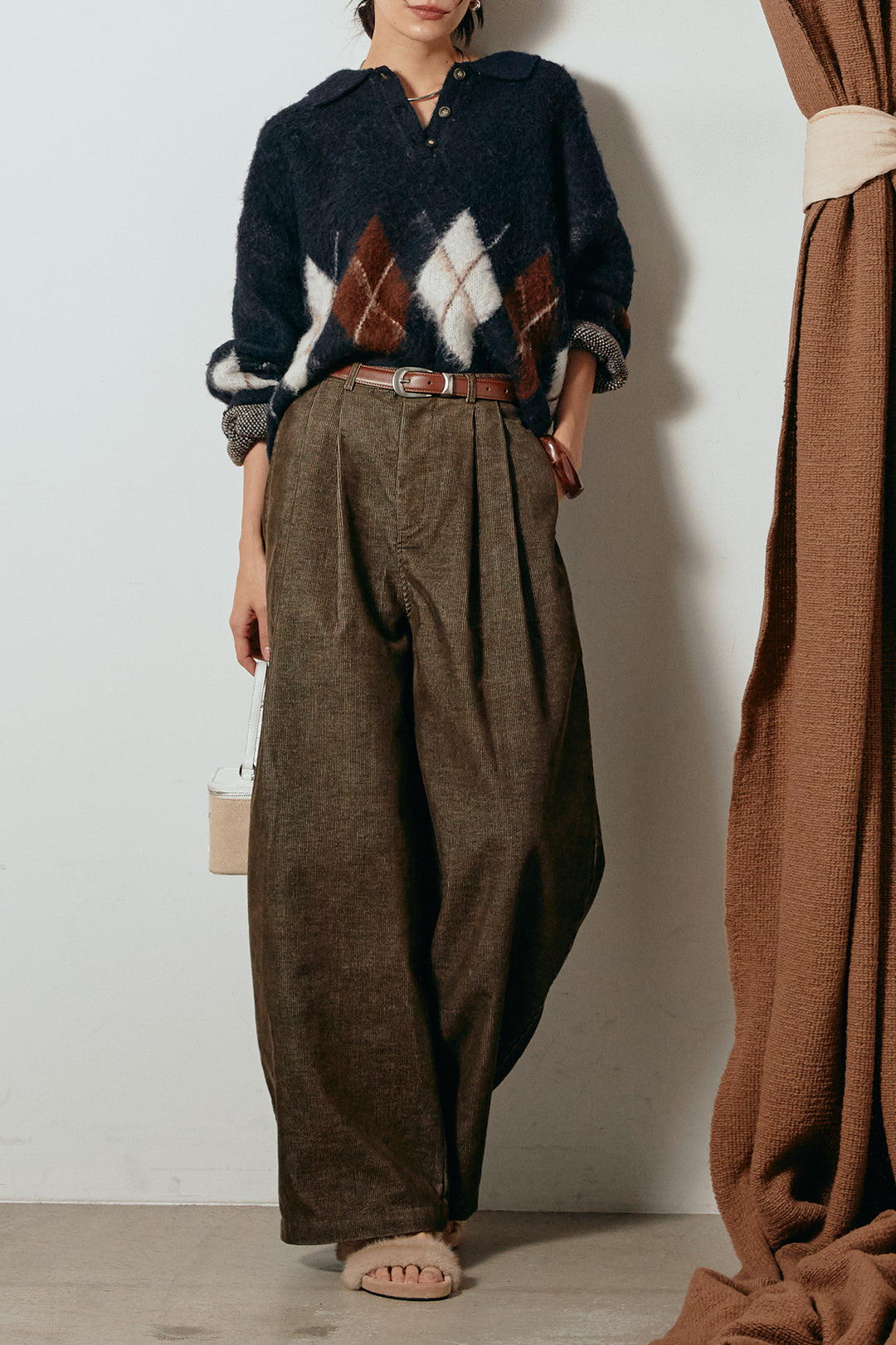 [SET]アーガイル柄ポロニットトップス+フロントタック入りコーデュロイパンツ(2set)