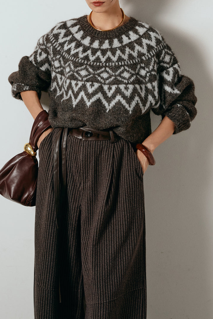 [SET]ノルディック柄Uネックプルオーバー+レザーライク配色ストライプパンツ(2set)