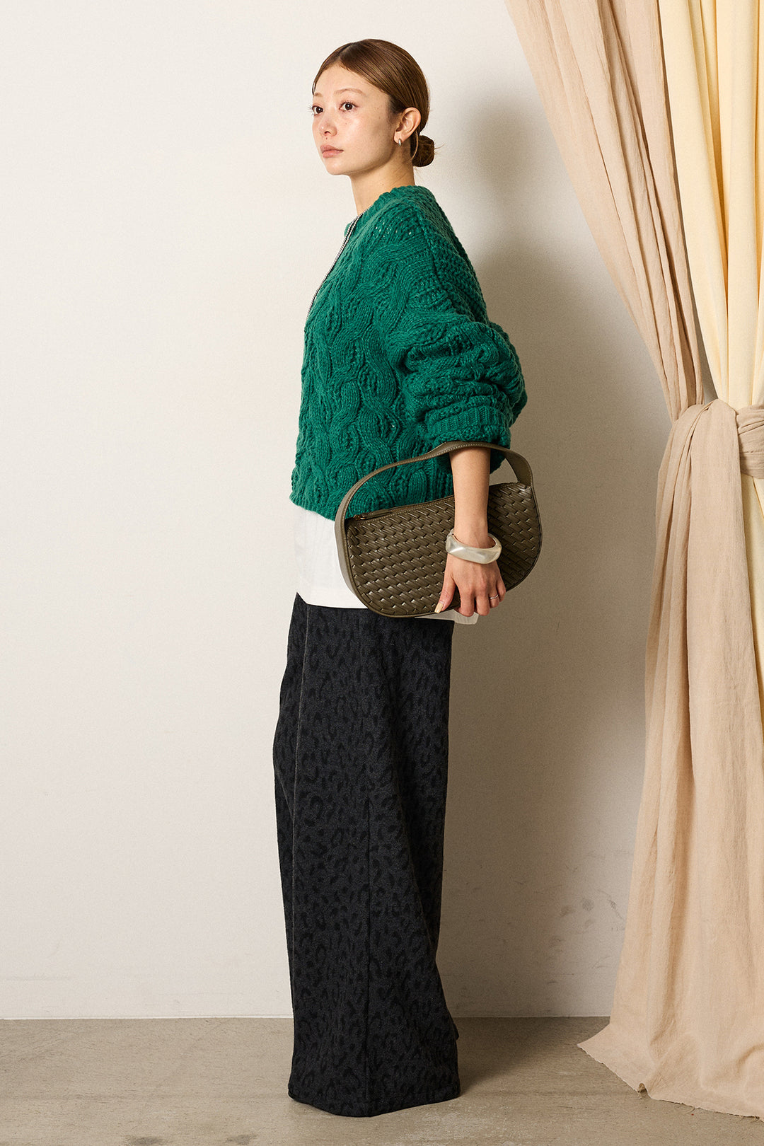 [SET]ケーブルリラックスショートニット+レオパードジャガードニットパンツ(2set)