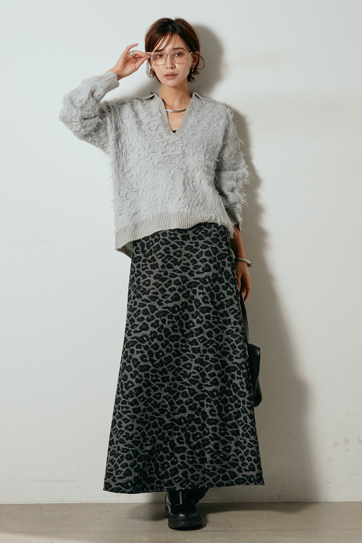 [SET]襟付きシャギーニットポロトップス+レオパードロングスカート(2set)