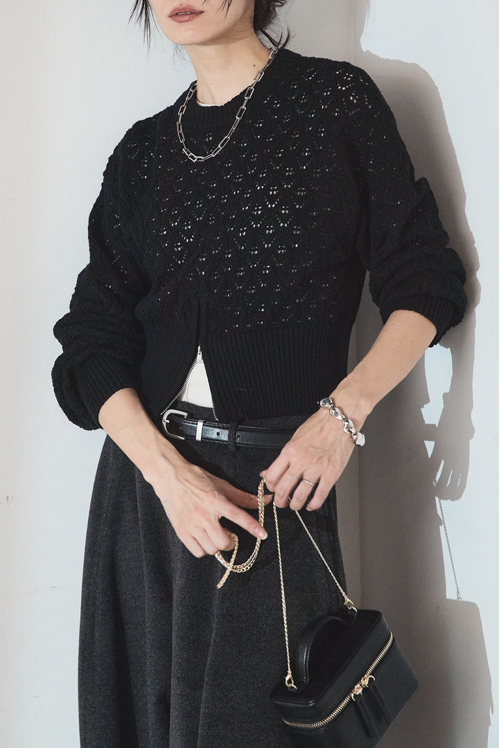 [SET]透かし編みニットジップスリットプルオーバー+ウールタッチカーブワイドパンツ(2set)