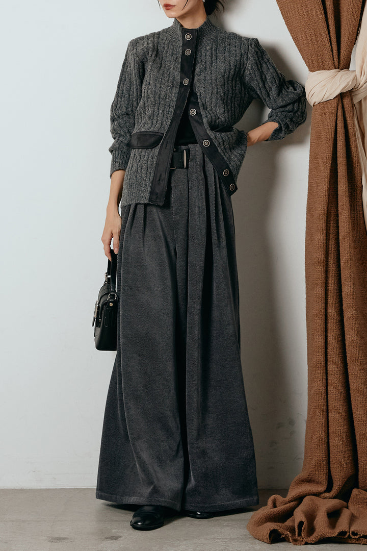 [SET]ボトルネックケーブルニットカーディガン+ベルトループコーデュロイワイドパンツ(2set)
