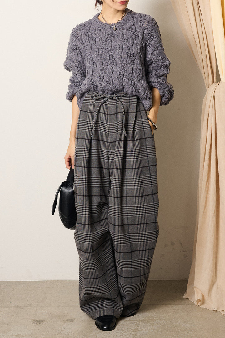 [SET]ケーブルリラックスショートニット+グレンチェックルーズタックパンツ(2set)
