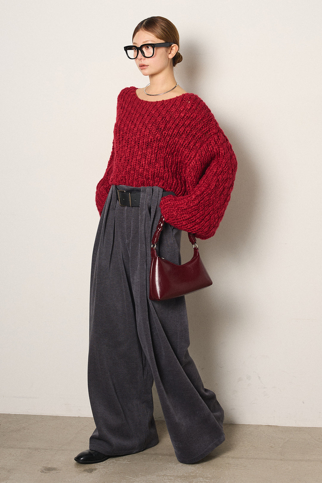 [SET]チャンキースラブニットクロップドプルオーバー+ベルトループコーデュロイワイドパンツ(2set)
