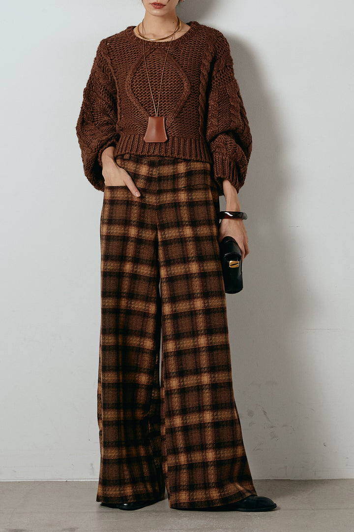 [SET]ロービングケーブルショート丈プルオーバー+ルーズタータンチェックワイドパンツ(2set)