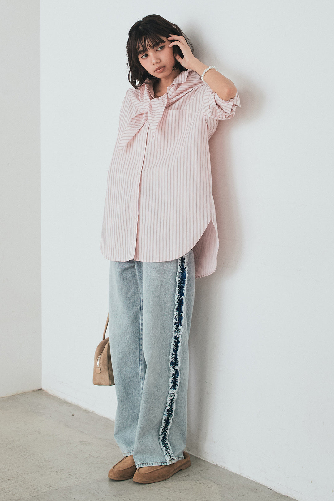 [SET]ランダムストライプスカーフ付きシャツ+デニムサイドフリルパンツ(2set)