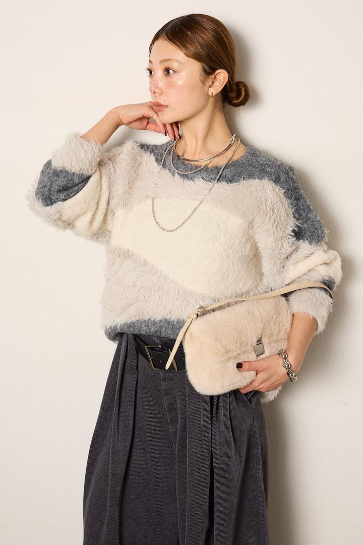 [SET]シャギーウェーブ柄クルーネックニットトップス+ベルトループコーデュロイワイドパンツ(2set)