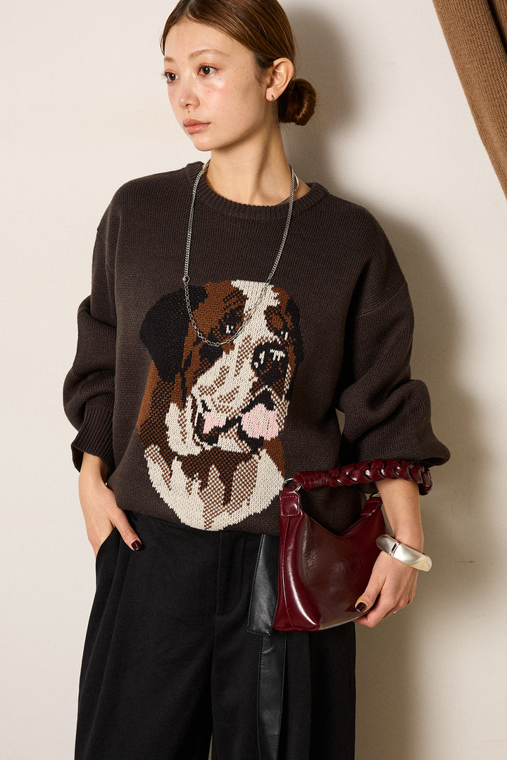 [SET]アニマルジャガード柄ニットトップス+巻ベルトウエストレザーライクワイドパンツ(2set)