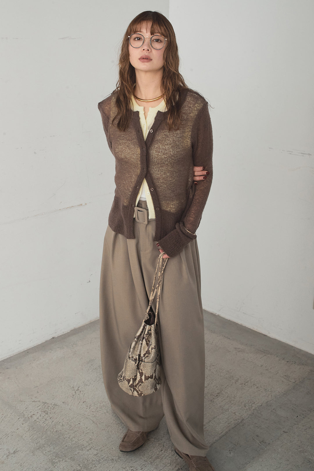 [SET]モヘア透かし編みレイヤードアンサンブルセット+ベルト付きツータックワイドパンツ(2set)