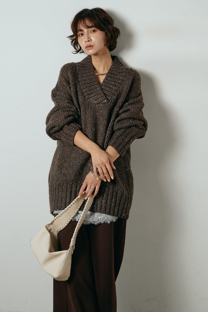 [SET]Vネックラメニットトップス+レース切り替えキャミソール(2set)